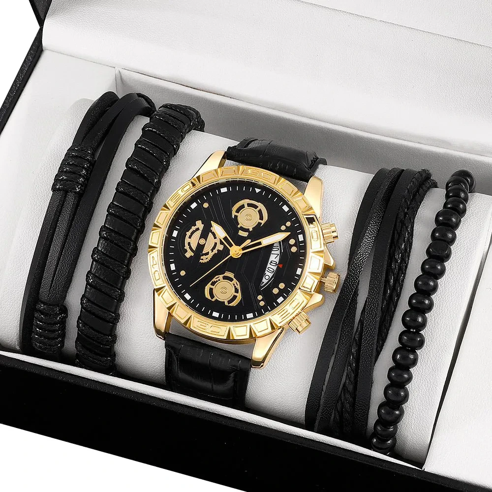Free Sample High Quality Men's Leather Quartz Watch Bracelet Set Casual Sports Calendar Wristwatch 1