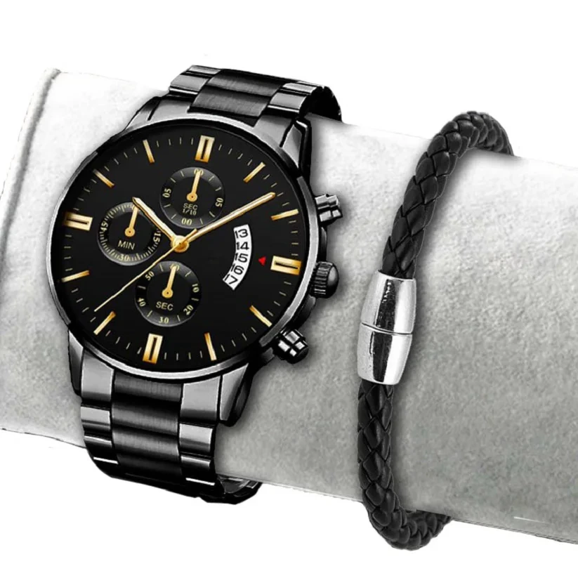 Free Sample Fashion Stainless Steel Men Watch Bracelet Calendar Quartz Wristwatch Business Watches 1