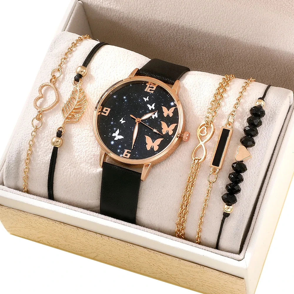 Fashion Women's Leather Watch Exquisite Butterfly Dial Quartz Watch Ladies Bracelet Combination Set 1