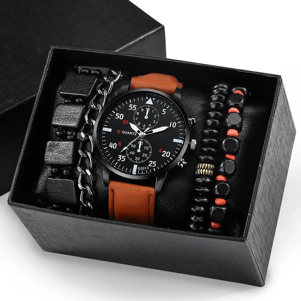 Free Sample New Male Watch Bracelet Set Men Fashion Business Leather Quartz Gift Wristwatches 1