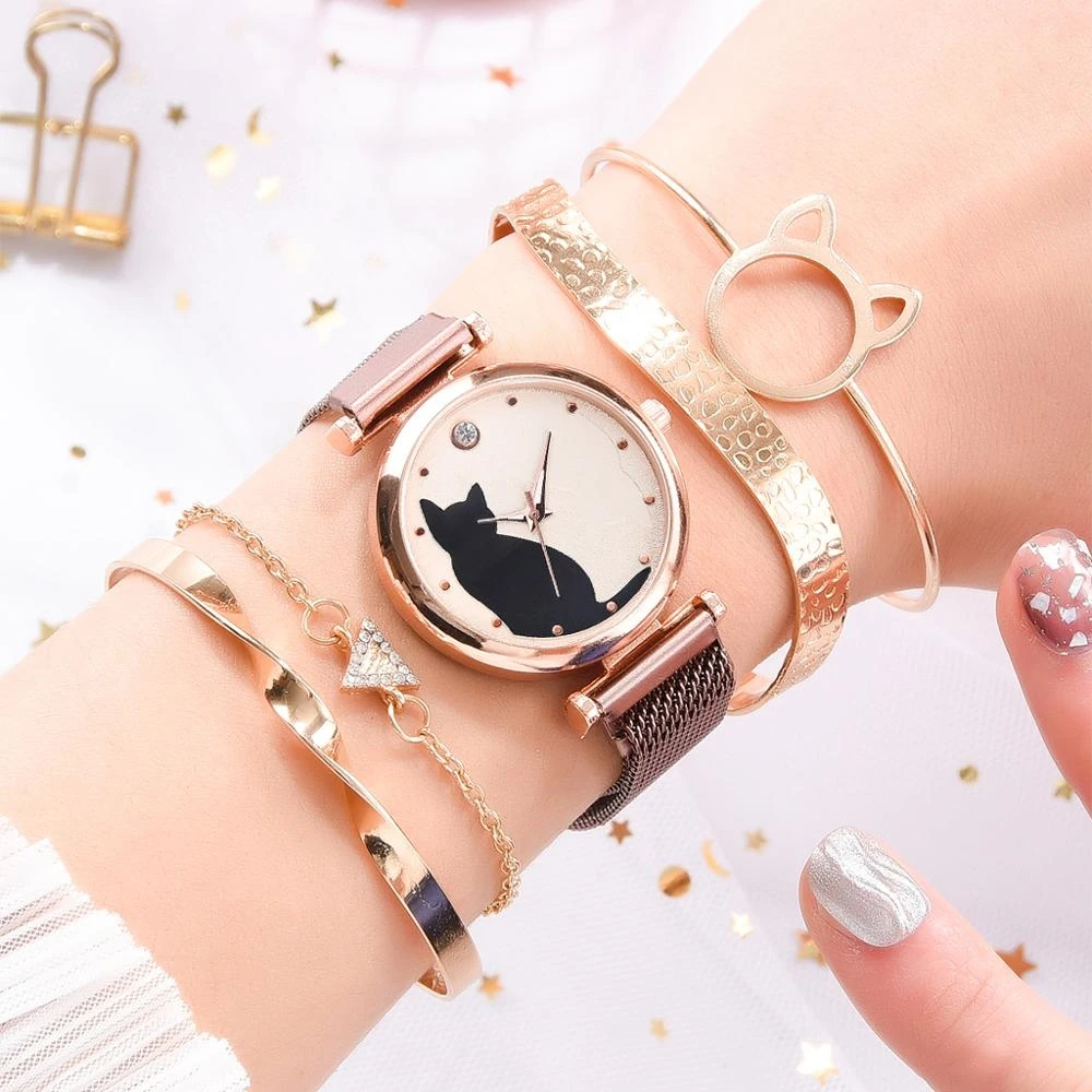 Free Sample New Fashion Women Bracelet Set Cat Pattern Watch Ladies Quartz Lover Gift Wristwatches 4