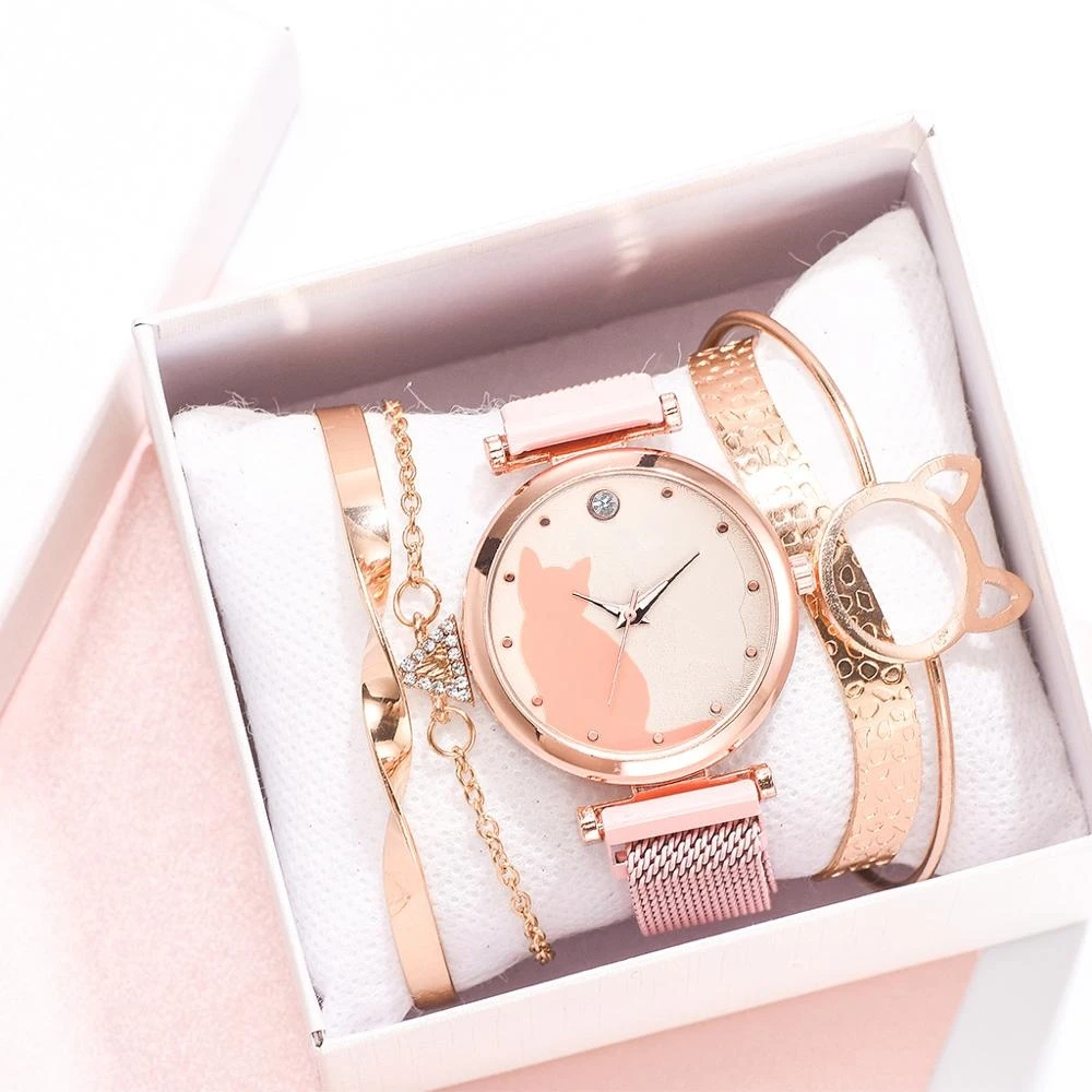 Free Sample New Fashion Women Bracelet Set Cat Pattern Watch Ladies Quartz Lover Gift Wristwatches 2