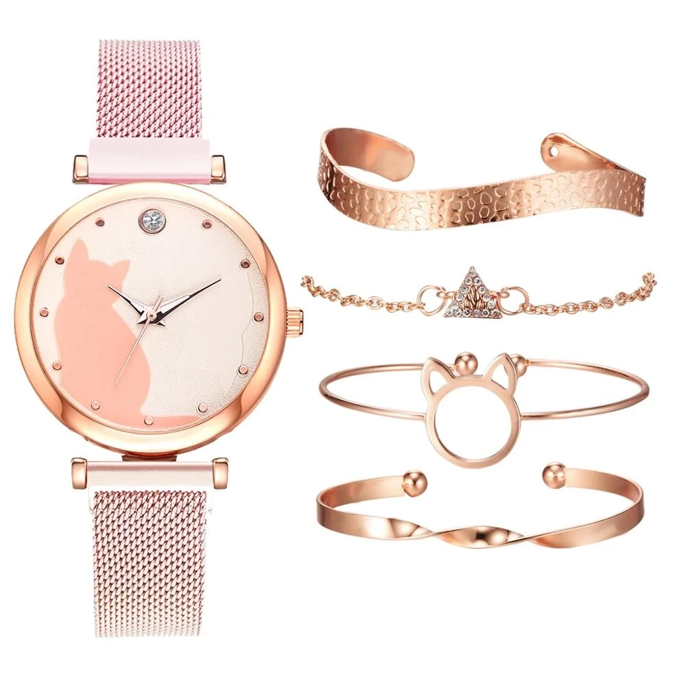 Free Sample New Fashion Women Bracelet Set Cat Pattern Watch Ladies Quartz Lover Gift Wristwatches 1