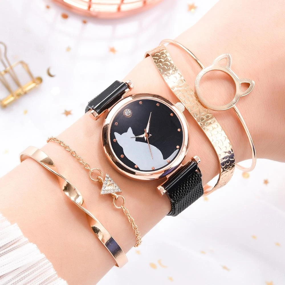Free Sample New Fashion Women Bracelet Set Cat Pattern Watch Ladies Quartz Lover Gift Wristwatches 5
