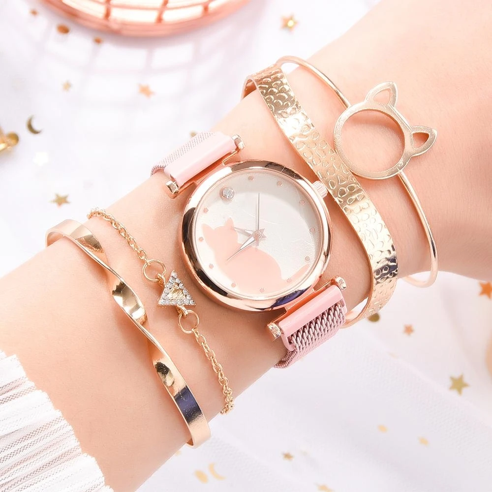Free Sample New Fashion Women Bracelet Set Cat Pattern Watch Ladies Quartz Lover Gift Wristwatches 3