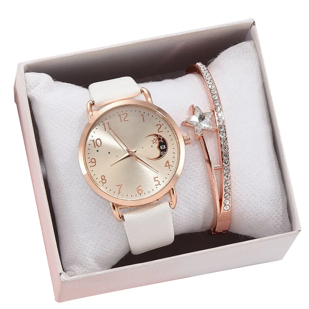 Free Sample Women Moon Numbers Dial Bracelet Watches Set Ladies Leather Band Quartz Female Wristwatch 1