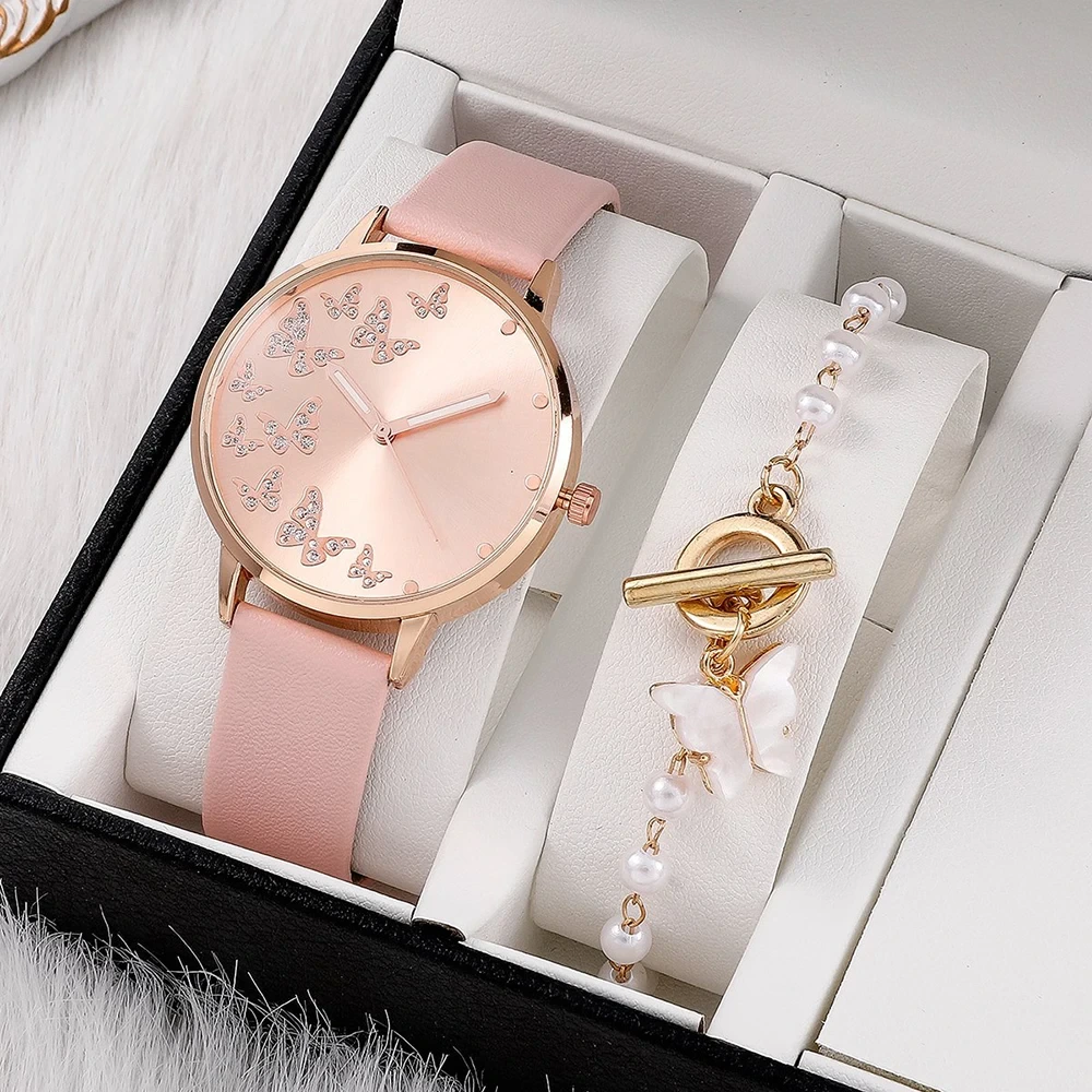 Ladies Bangle Quartz Watch Rose Leather Sport Strap Fashion Butterfly Bracelet Gift Wristwatch 1