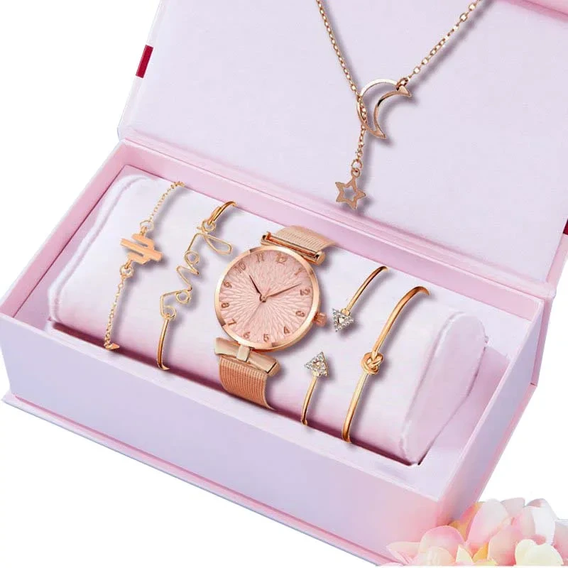 Free Sample Women Watches Elegant Female Wristwatches Set Mesh Band Rose Woman Bracelet Watch 1