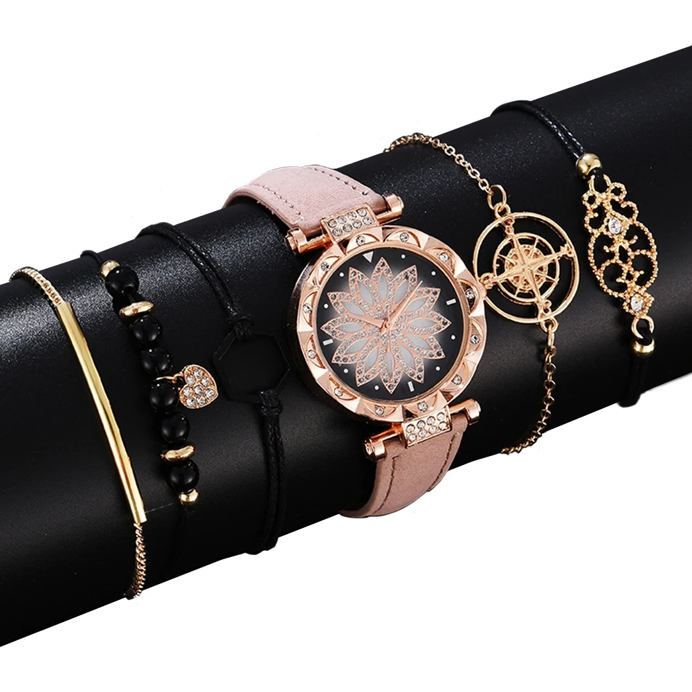 Free Sample Women Watches Fashion Flowers Diamond Ladies Bracelet Watch Casual Leather Quartz Wristwatch 1