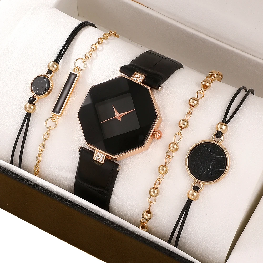 Free Sample Fashion Women's Watch Vintage Leather Casual Quartz Wristwatch Bracelet Set Gift Watches 1