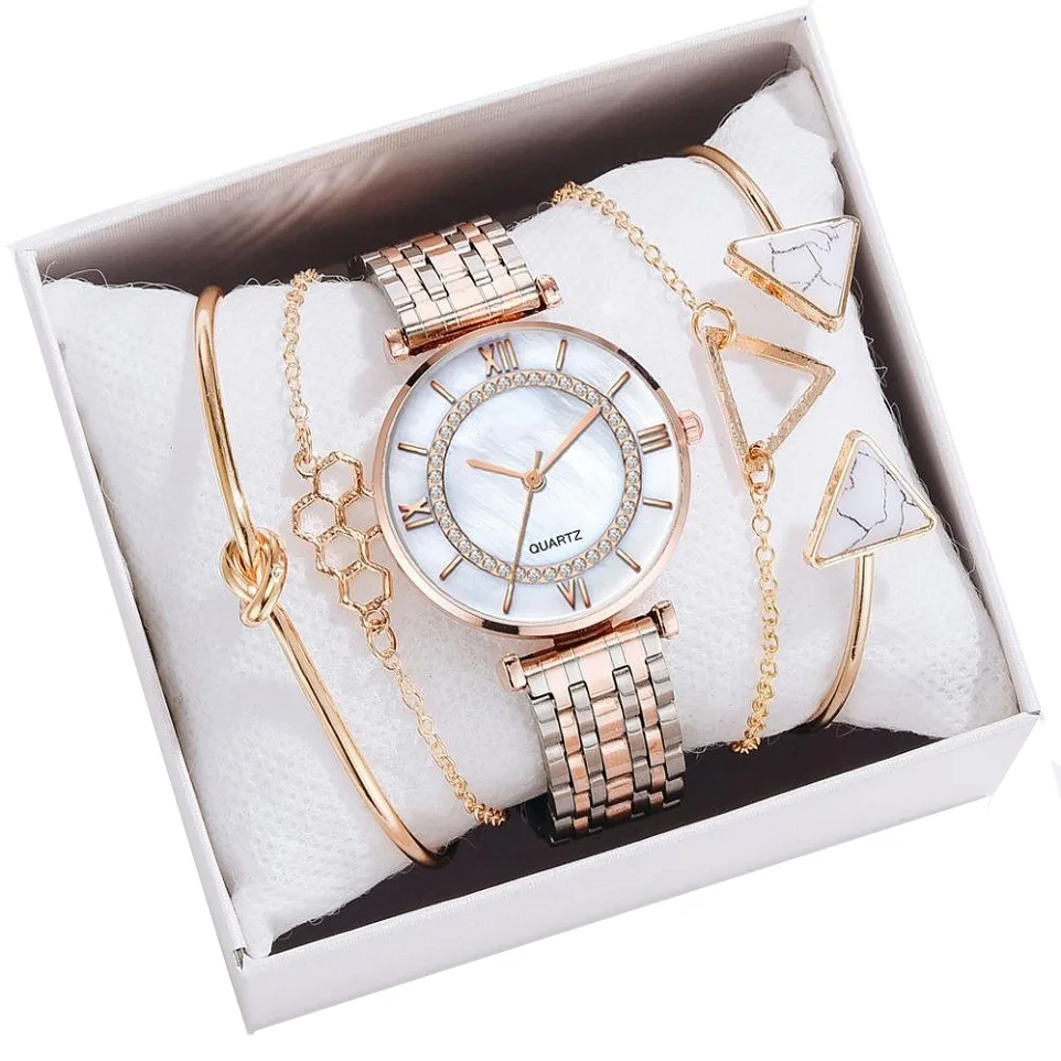 Free Sample Bracelet Women Watch Set Fashion Rose Stainless Steel Belt Quartz Ladies Gift Wristwatch 1