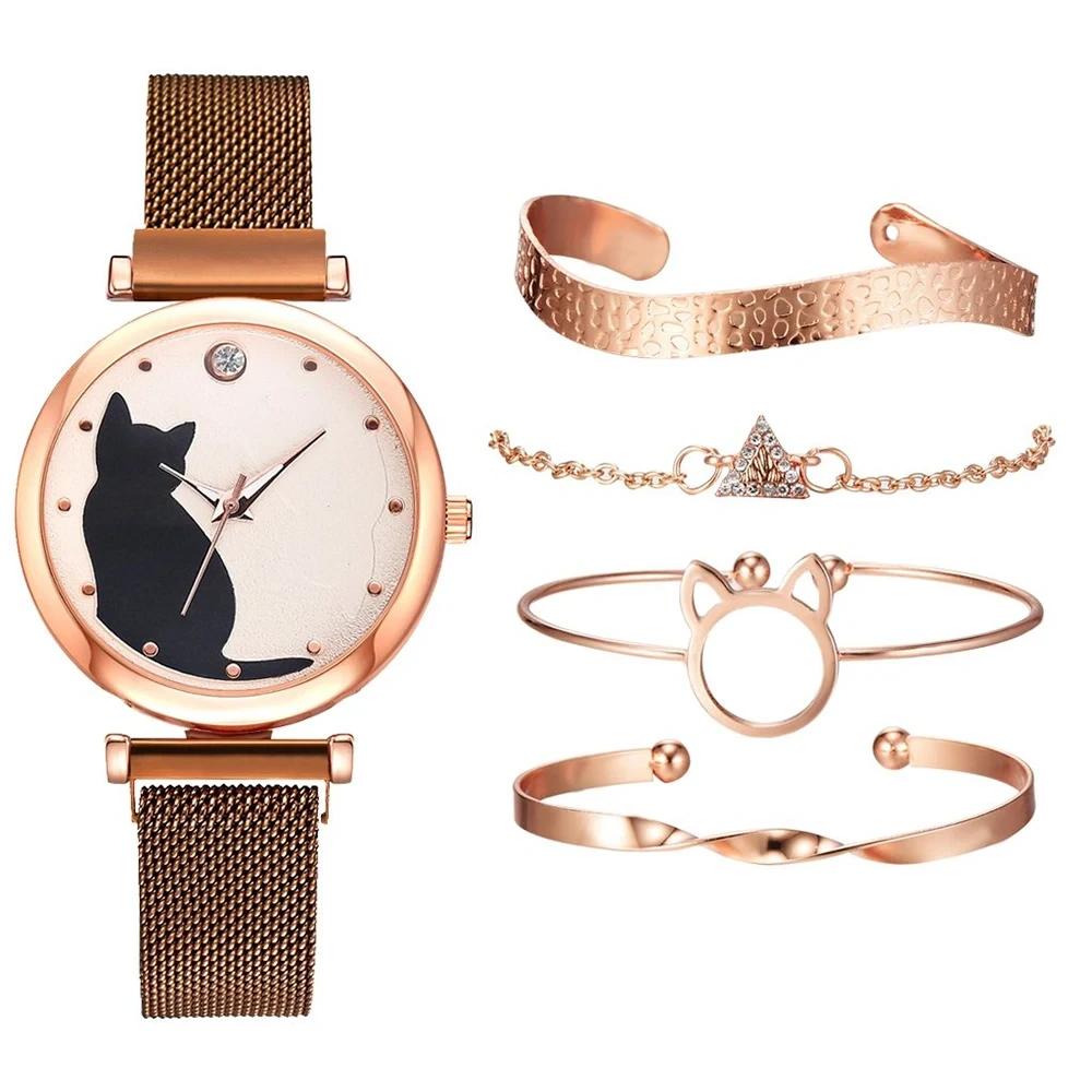 Free Sample Women Quartz Wristwatch Mesh Bracelet Cat Dial Watches Casual Ladies Fashion Watch Set 1