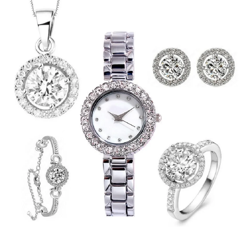 Free Sample New Fashion Set Women Quartz Watch Design Bracelet Necklace Earring Ring Sets Female Lady's Gift Watches 1