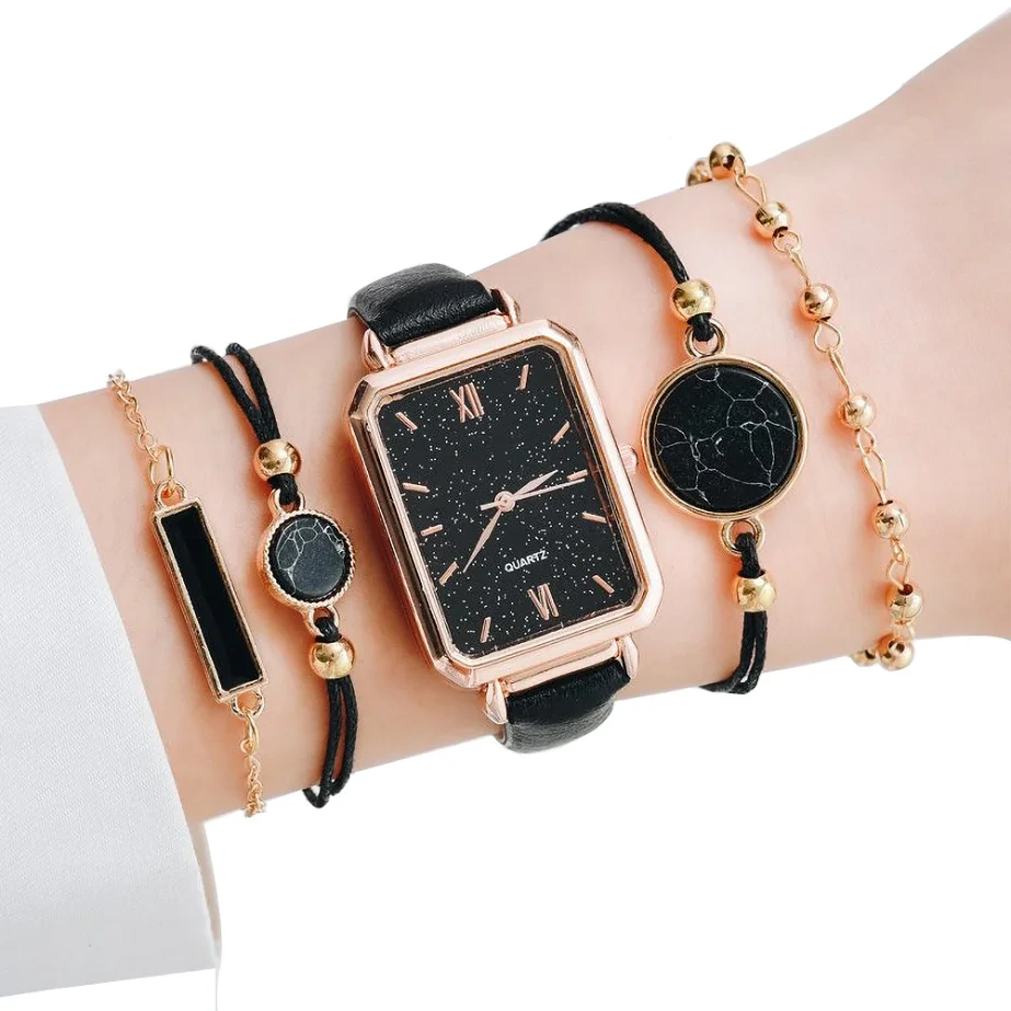 Free Sample High Quality Women Watches Set Fashion Square Dial Leather Ladies Bracelet Quartz Wristwatch 1