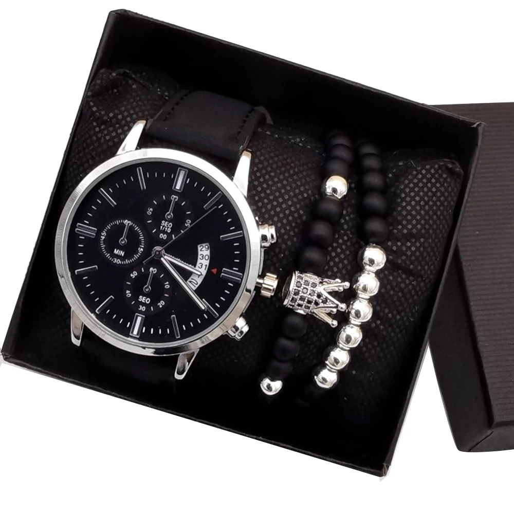 Men's Fashion Casual Watch Calendar Quartz Wristwatches Sport Beaded Bracelet Set Watches 1