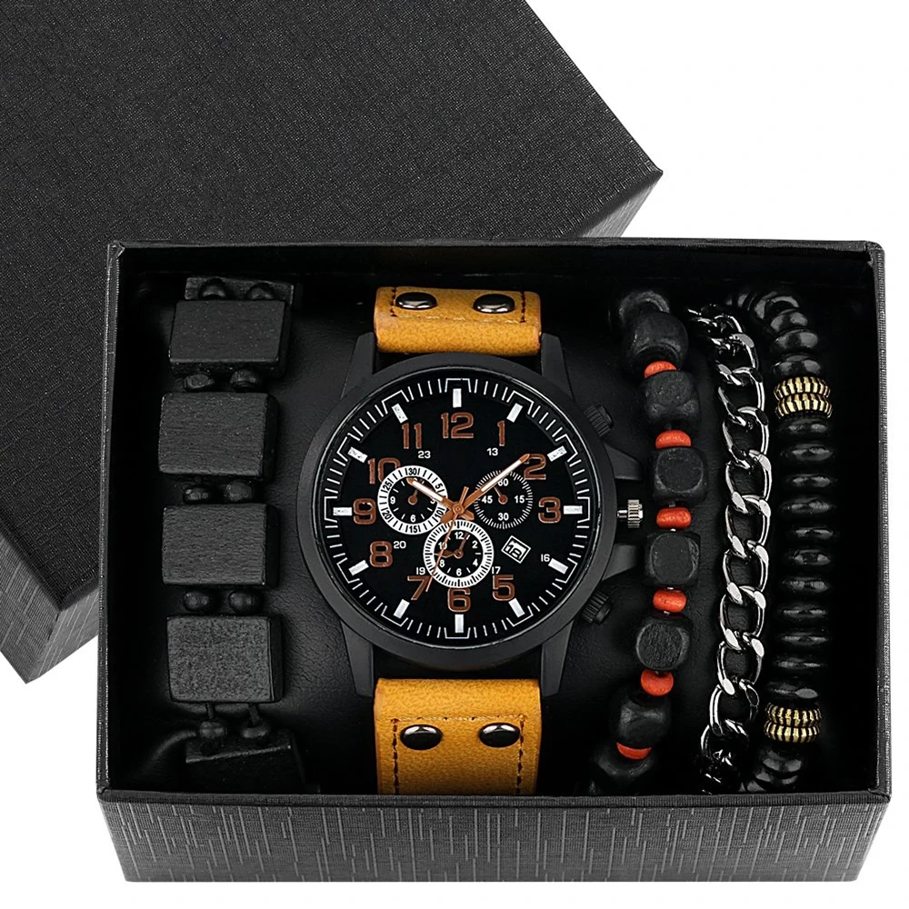 Relojes de pulsera de cuarzo para hombre, banda de cuero, reloj informal de moda, pulsera, conjunto de regalo para novio para hombre 1