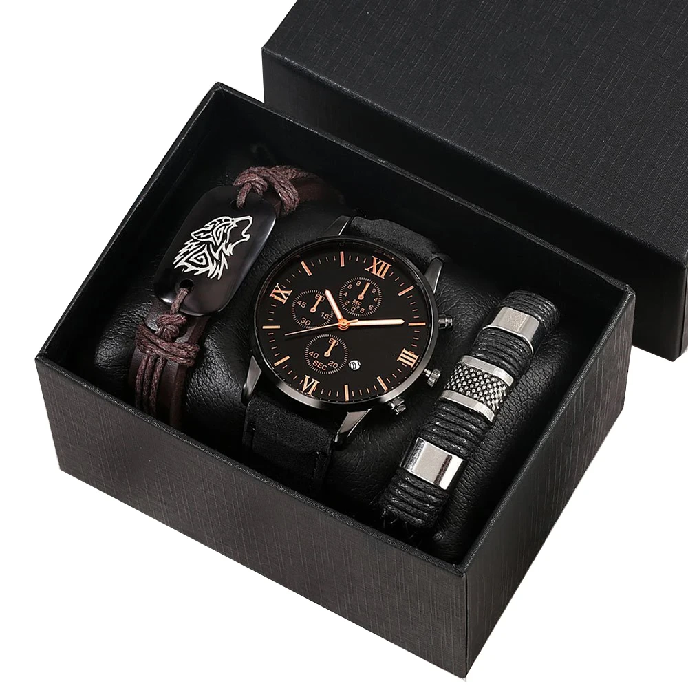 Free Sample High Quality Men Watches Bracelet Set Leather Quartz Watch Gift Boyfriend Men Watches 1