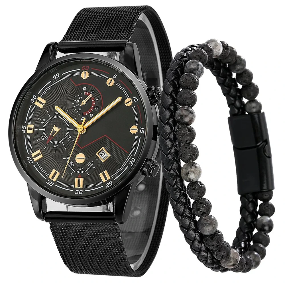 Free Sample Men Gift Set Quartz Calendar Wristwatch Bracelet Practical Anniversary Gifts Watches 1