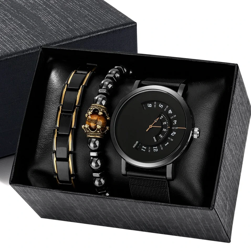 Set regalo per orologi al quarzo minimalista creativo classico da uomo, cinturino in maglia di acciaio inossidabile, bracciale elastico 1