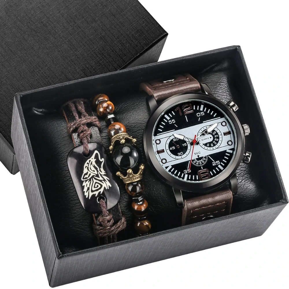Fashion Men Retro Quartz Leather Watches Male Bracelets Husband Birthday Gifts Set Watch 1