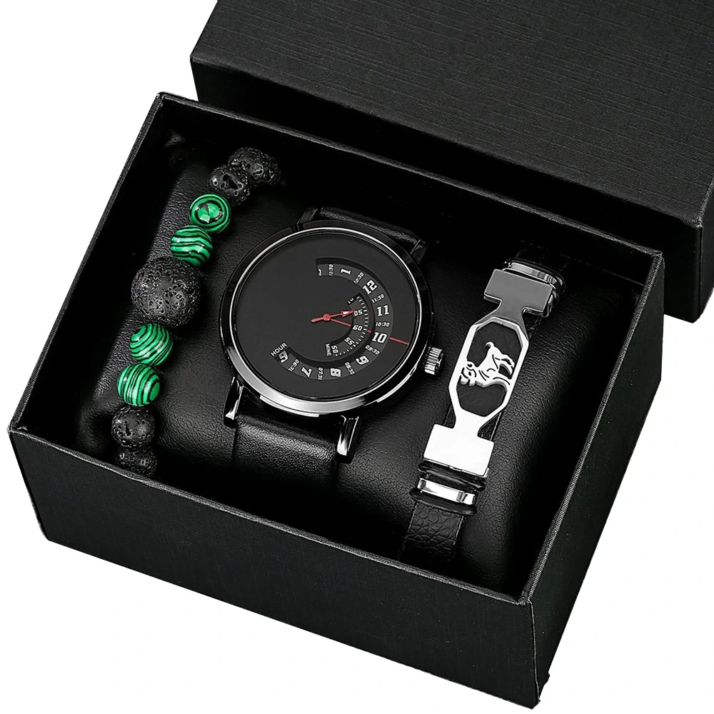 Free Sample Men Quartz Leather Watches Adjustable Bracelets Luxurious Birthday Anniversary Creative Gift Set Watch 1