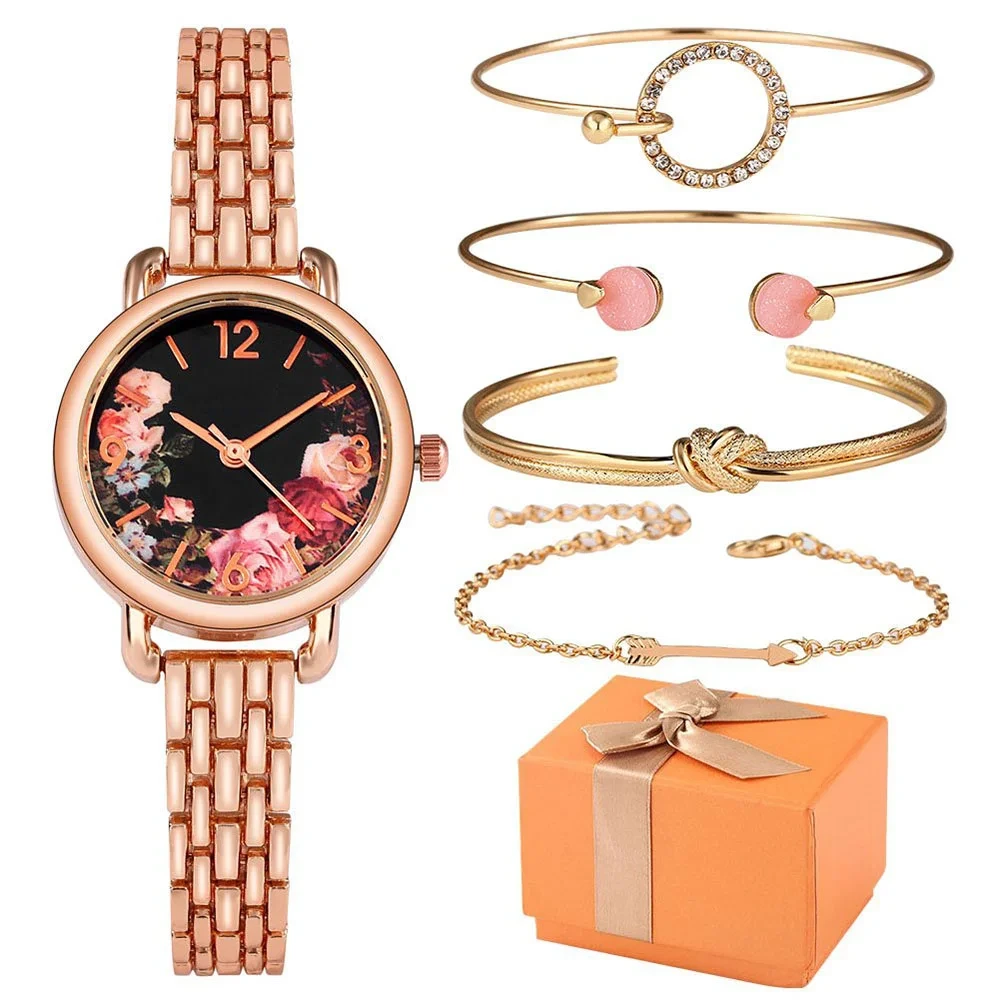 Free Sample Ladies Watch Set Exquisite Flower Dial Quartz Stainless Steel Watches Women Bracelet Gift 1
