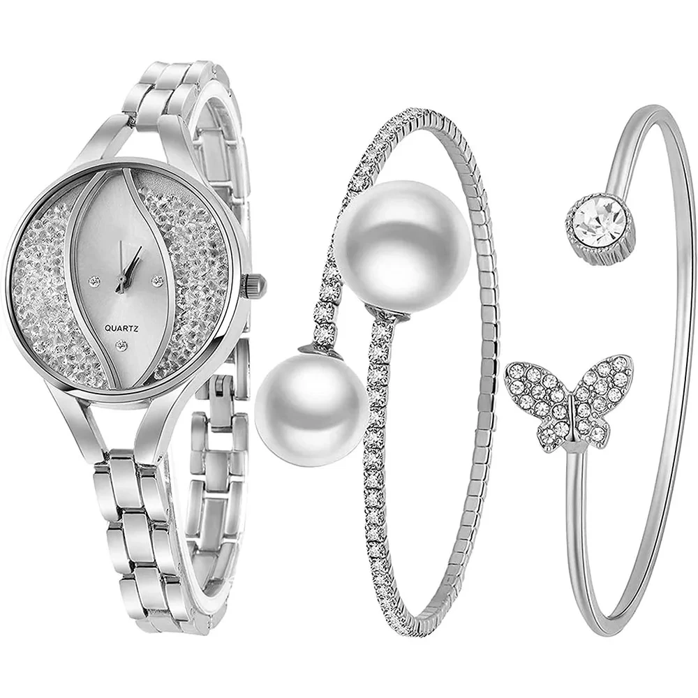 Damen-Geschenkuhren, Armband-Set, Schmetterlings-Design, Perlen, Strass, Quarz, Geschenke, Armbanduhr 1