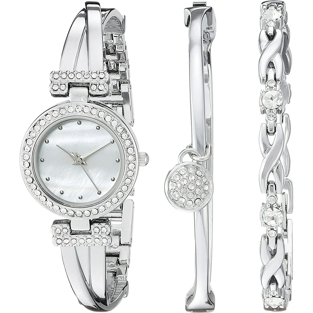 Free Sample Women's Premium Crystal Inlay Bangle Watch Bracelet Set Japanese Quartz Movement Alloy Band Watches 1