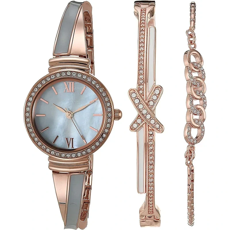 Free Sample Women's Premium Crystal Ornament Bangle Watch Adjustable Bracelet Set Waterproof Watches 1