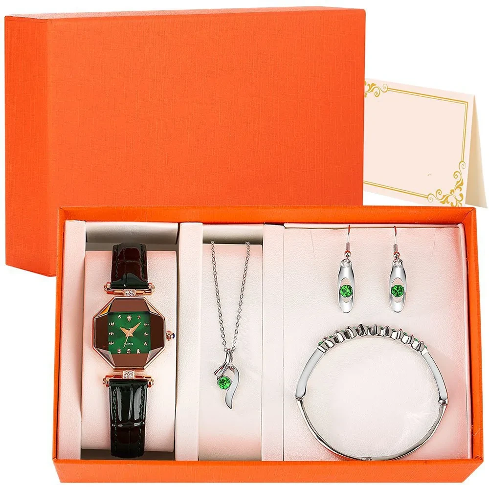 Frauen Leder Octagon Quarz Armbanduhr Wasserdichte Ohrringe Halskette Armband Set Freundin Geschenk Uhren 1