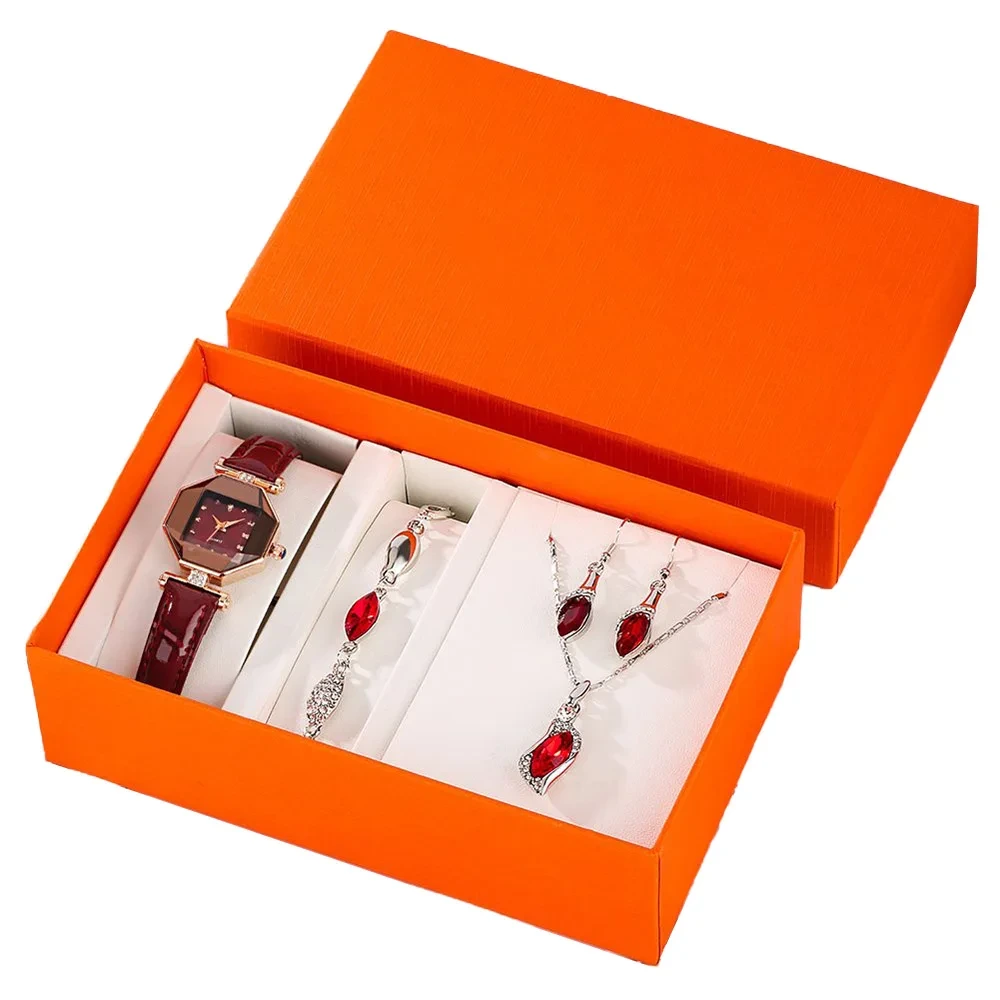 Kostenlose Probe Damen wasserdichte Quarz-Armbanduhr Elegante Damenuhren Schmuck Ohrringe Halskette Armband Set Geschenkuhr 1