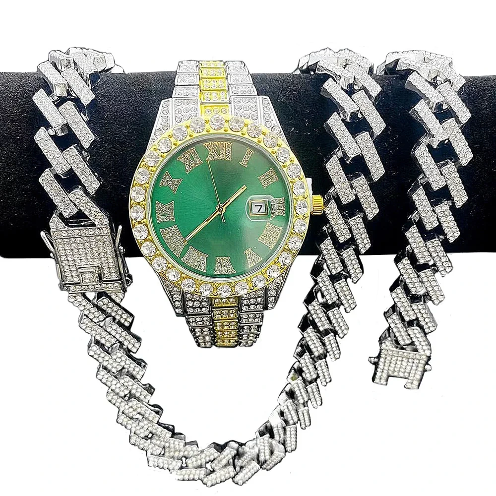 Muestra gratis para hombres, cadenas de estilo cubano, pulsera, collares, conjunto de joyas de diamantes, relojes de regalo para hombres 1