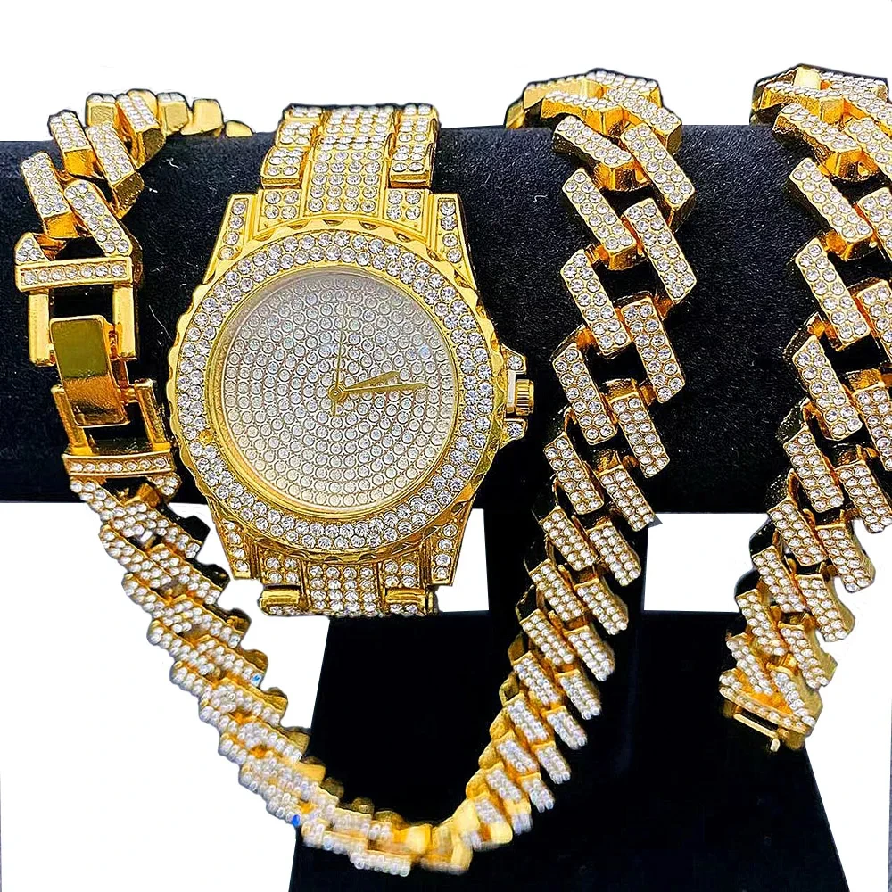 Campione gratuito Orologi da uomo Set di gioielli da donna Collane Bracciale con diamanti Orologi da coppia in stile cubano 1