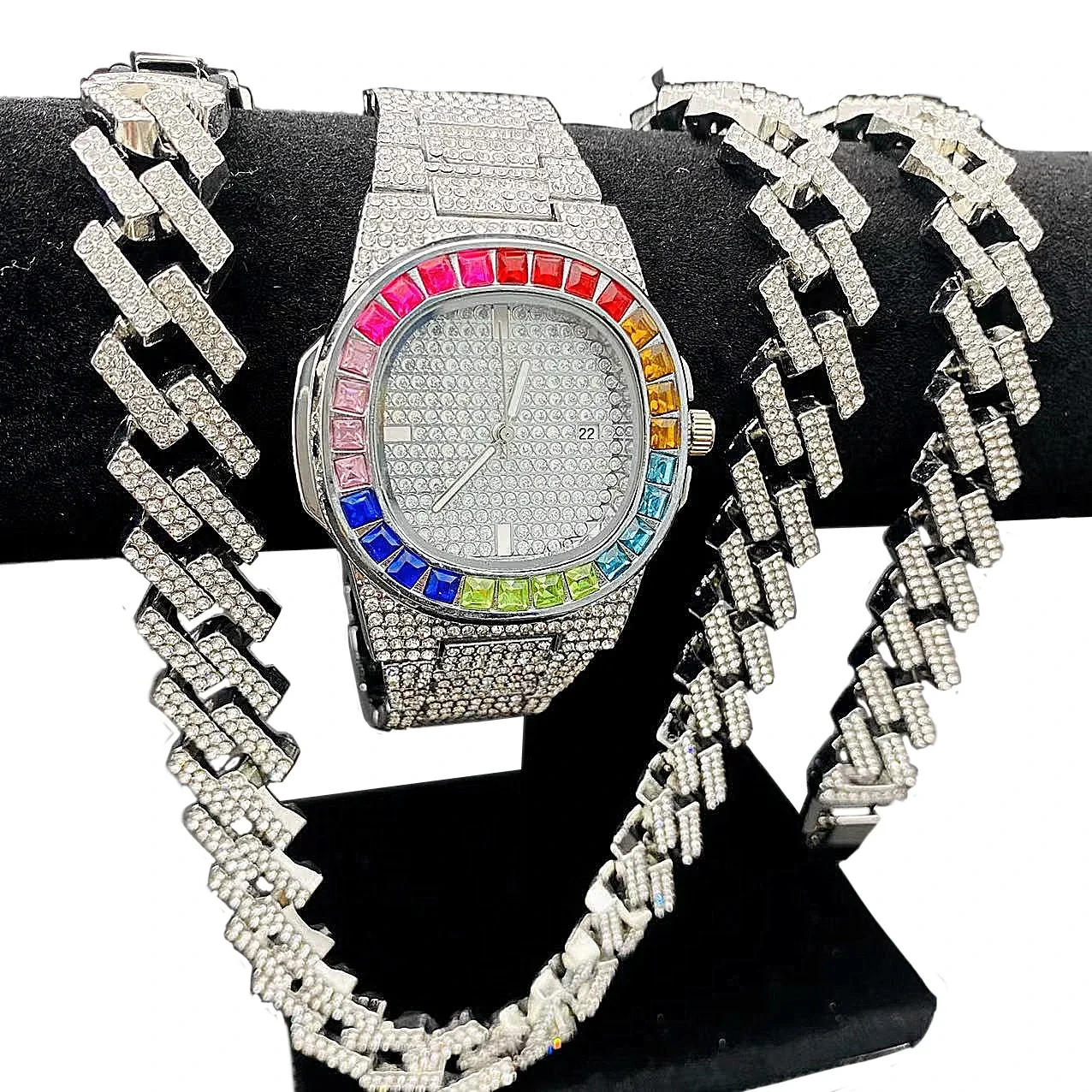 Campione gratuito Set di gioielli Hip Hop da uomo Orologi Collane Bracciali Catene cubane Orologi regalo da donna 1
