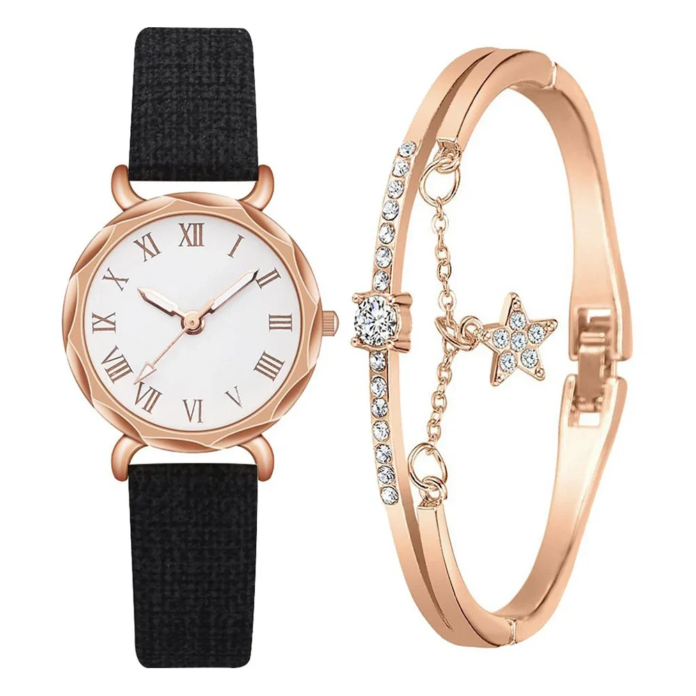 Free Sample Girls Simple Roman Literal Temperament Women's Quartz Watch Female Bracelet Combination Set Watches 1