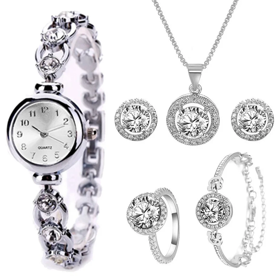 Neue Design Armband Halskette Ohrring Ring Uhr Sets Mode Frauen Quarz Weibliche dame Geschenk Uhren 1