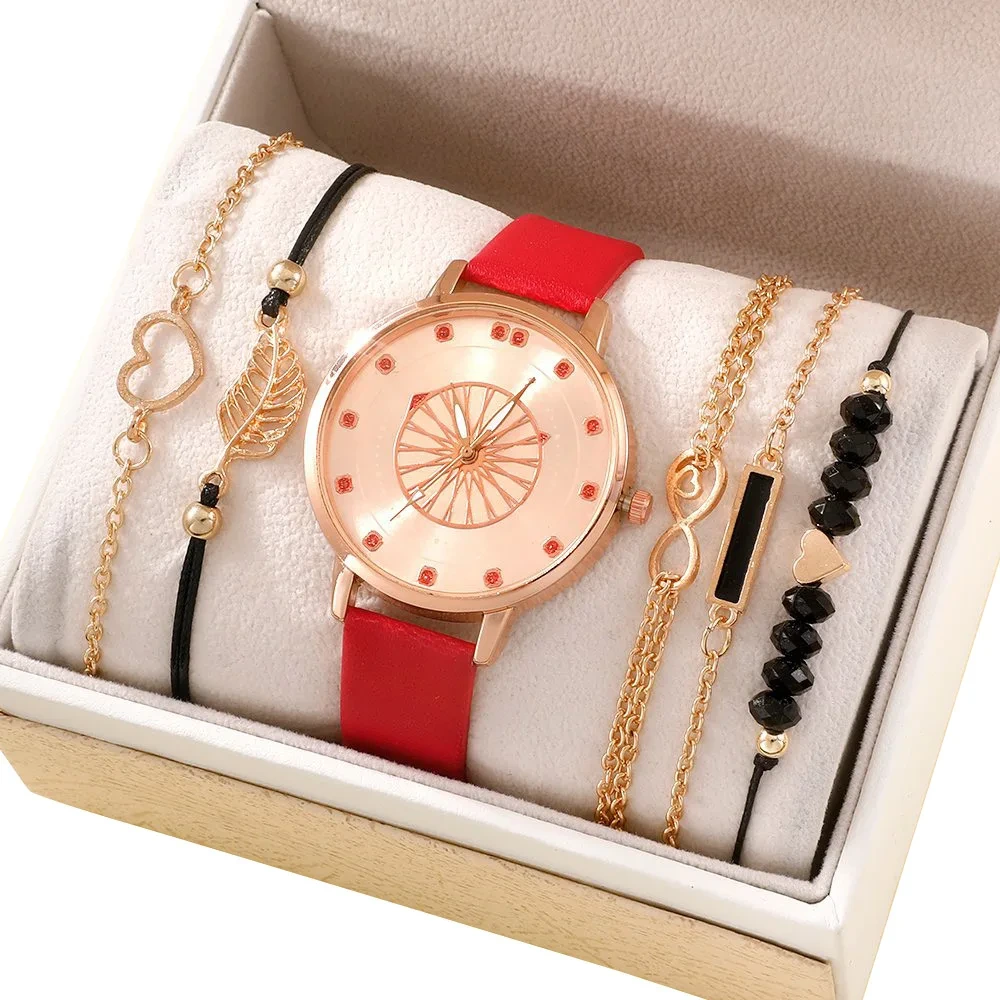 Set di orologi al quarzo da donna, in pelle di alta qualità, raffinato orologio da polso con bracciale temperamento 1