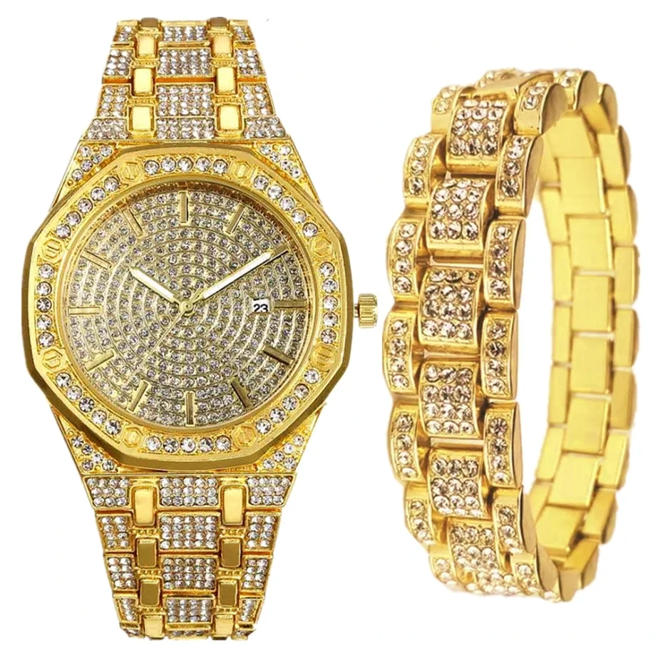 Free Sample Full Bracelet Diamond Watch Men Fashion Quartz Wristwatch Hip Hop Jewelry Set Gift Watches 1