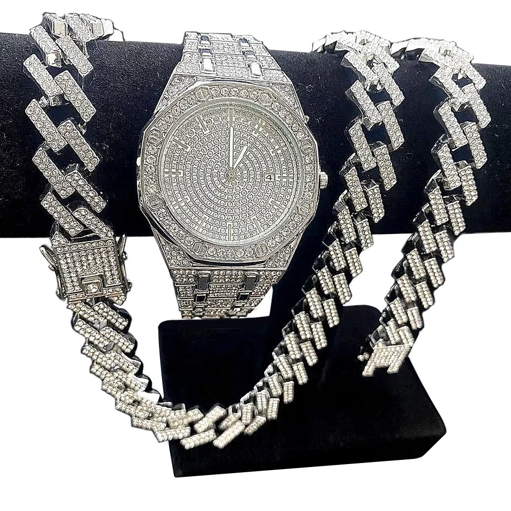 ตัวอย่างฟรีสร้อยข้อมือผู้ชายสร้อยคอเพชรเครื่องประดับ Hip Hop ชุดนาฬิกาข้อมือชายเทศกาลของขวัญนาฬิกา 1