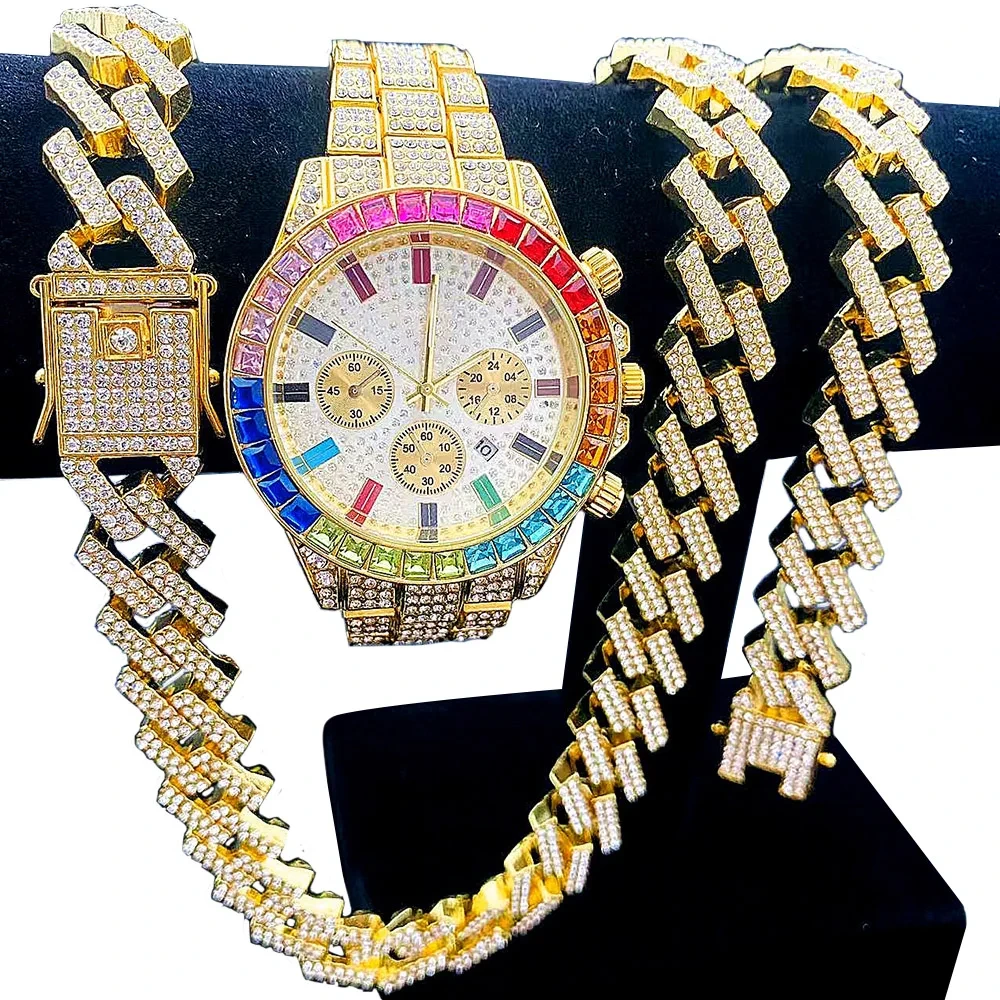 Muestra gratis, nuevos relojes de cuarzo para hombres, pulsera de estilo cubano, collar, conjunto de joyas de diamantes, reloj de regalo para hombres 1