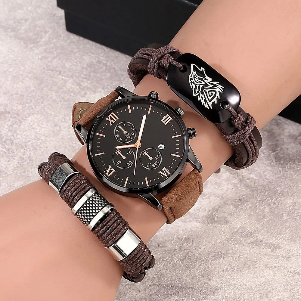 Free Sample High Quality Fashion Casual Quartz Watch Men Leather Bracelet Set Male Boyfriend Gift Watches 1