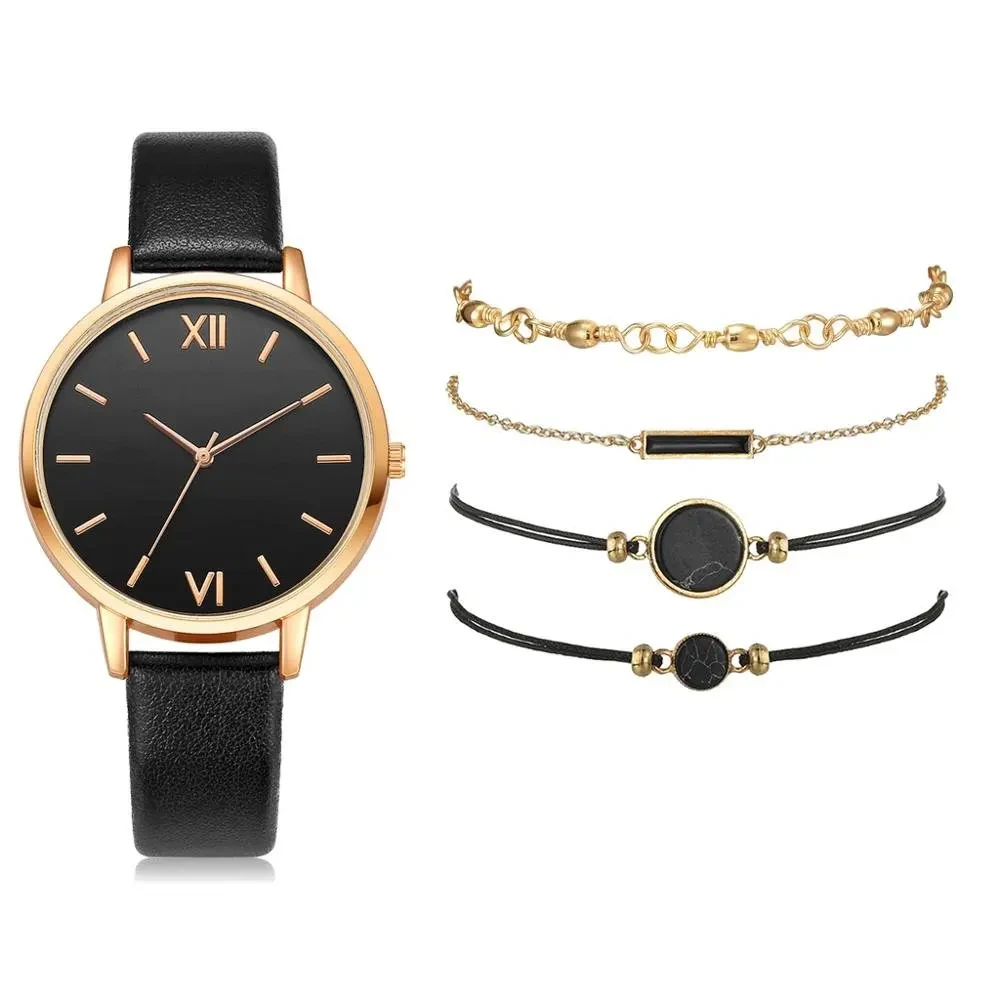 Set di orologi casual da regalo per fidanzata con orologio al quarzo con braccialetto in pelle da donna di moda, campione gratuito 1