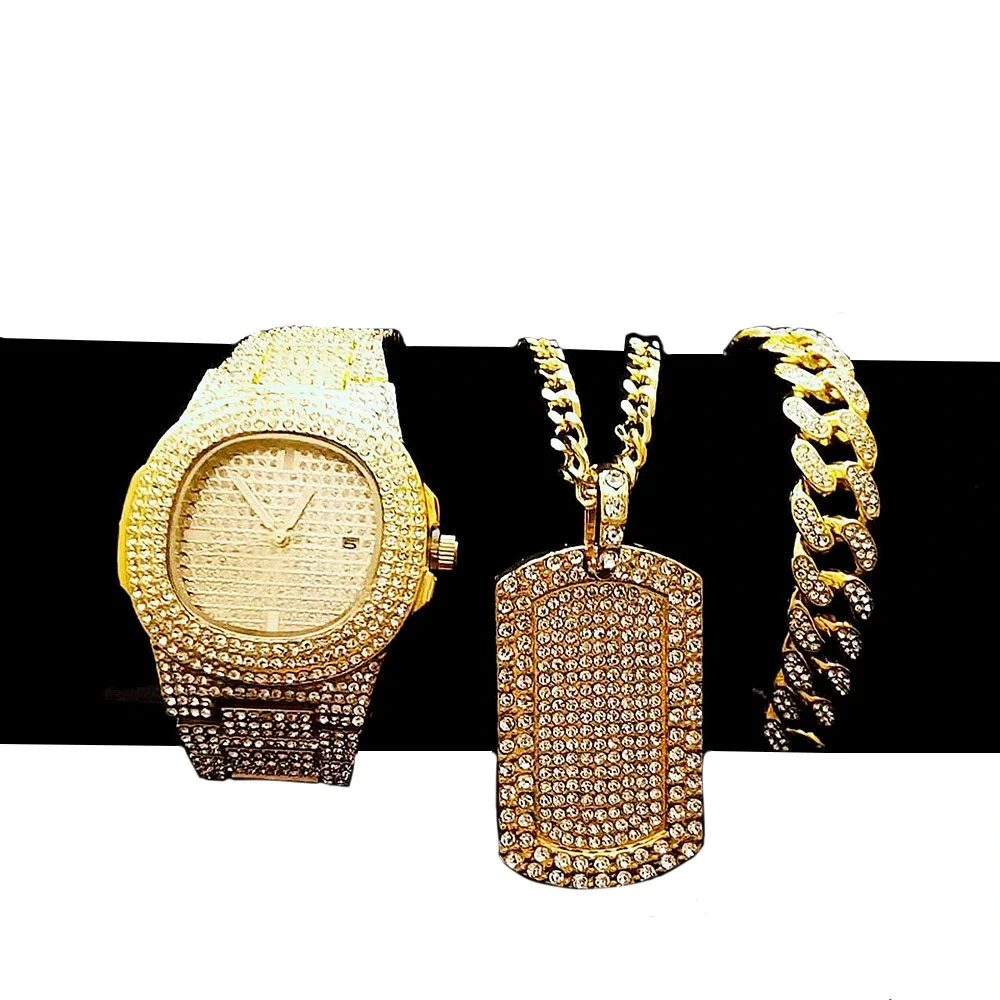 Muestra gratuita de collar, pulsera, reloj para hombre, cadenas cubanas, joyería, relojes para regalos de cumpleaños y vacaciones para hombre 1