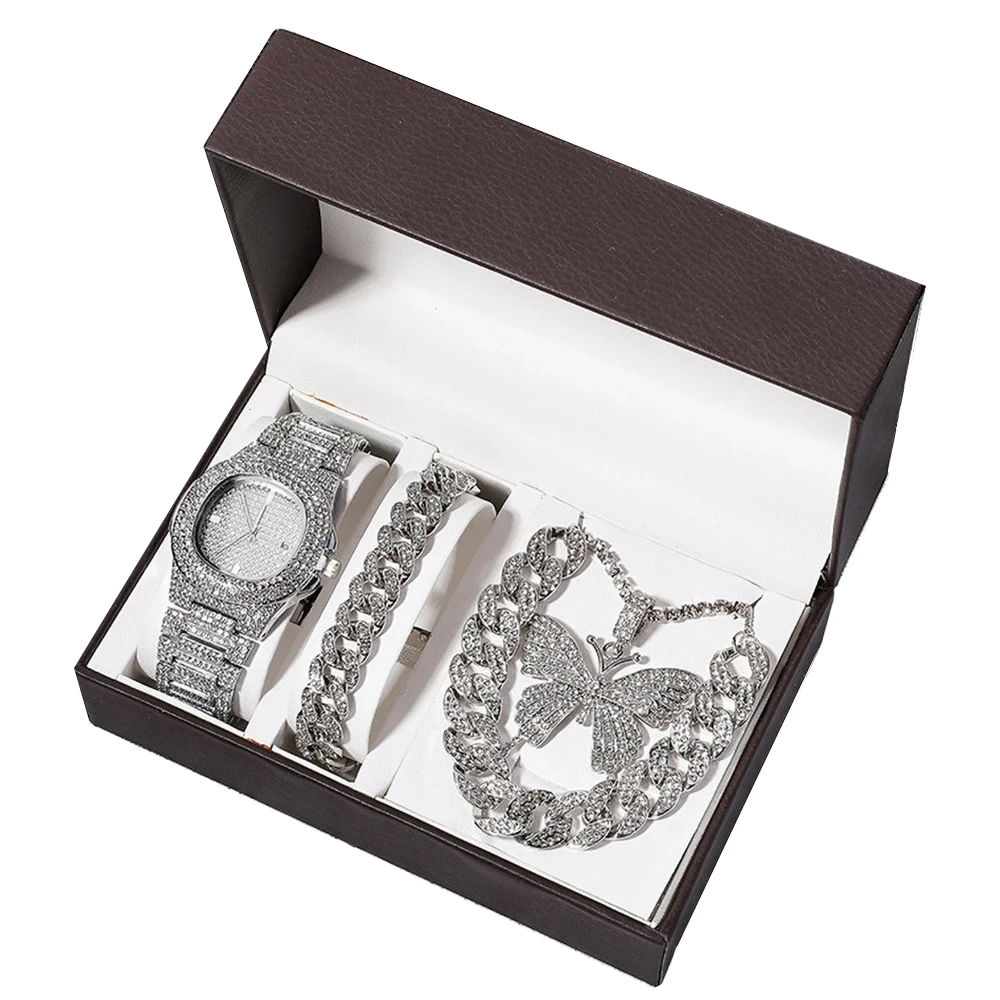 Kostenlose Probe Diamant Damenuhr Set Halsketten Armband Kubanische Kette Schmetterling Strass Schmuck Set Uhren 1