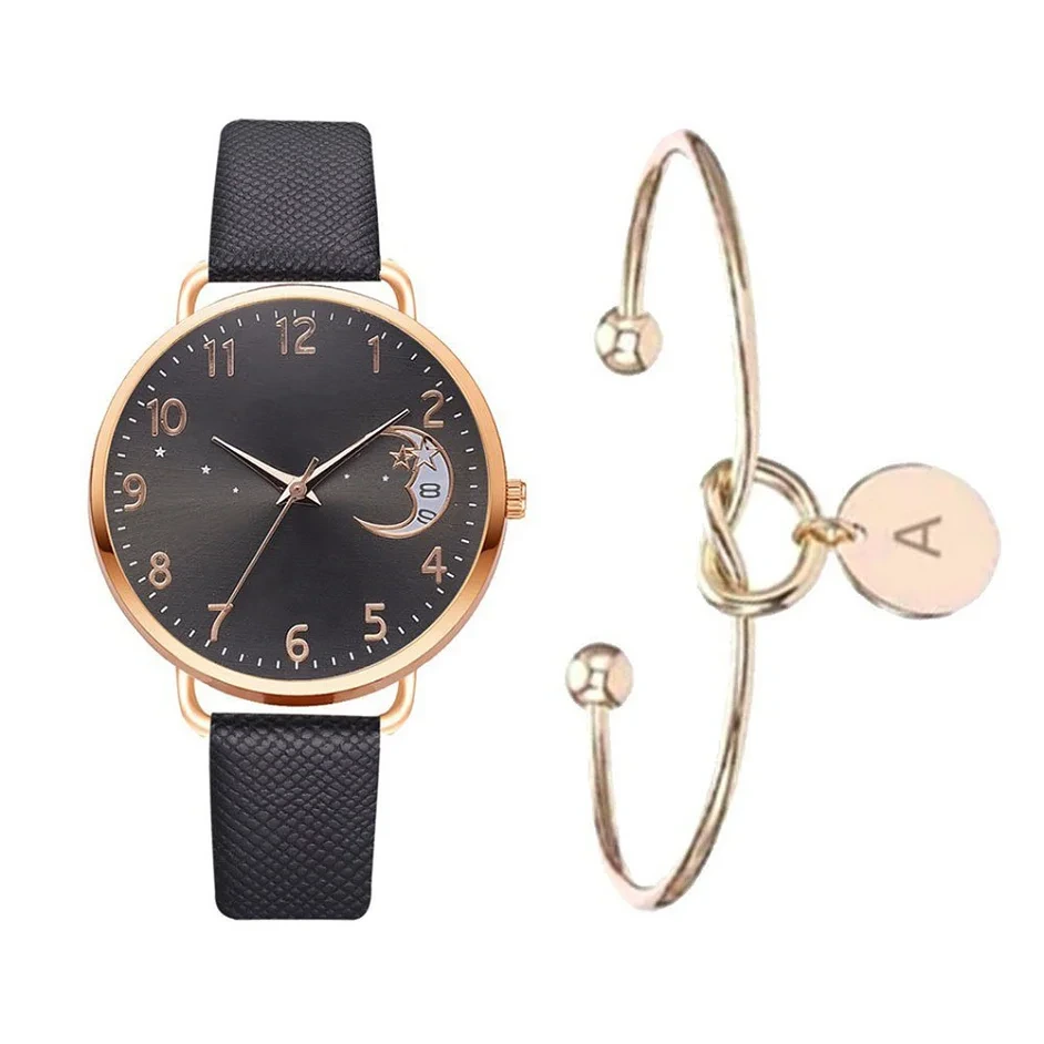 ฟรีตัวอย่างนาฬิกาผู้หญิงชุด Moon Dial สร้อยข้อมือแฟชั่นนาฬิกาสุภาพสตรีหนัง Band นาฬิกาข้อมือควอตซ์หญิง 1