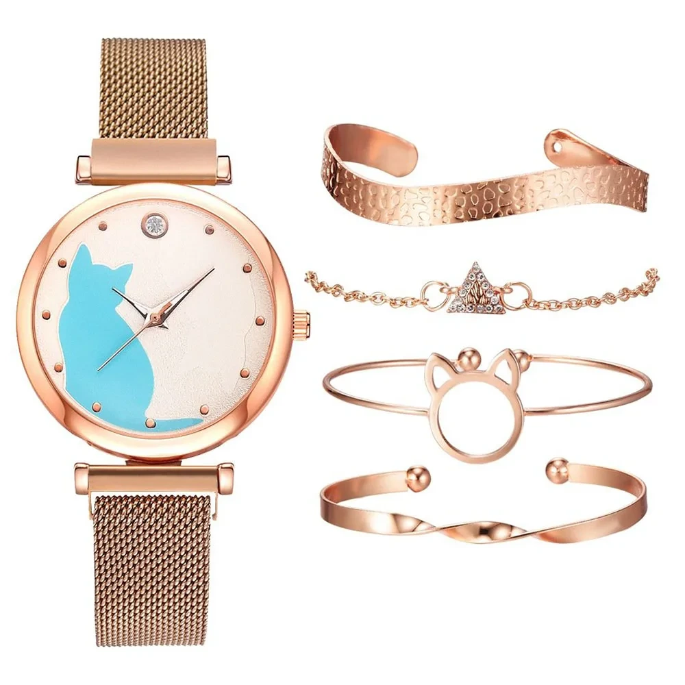Amostra grátis novo conjunto de relógio magnético feminino relógio de pulso de quartzo pulseira de malha bonito mostrador de gato relógios femininos 1