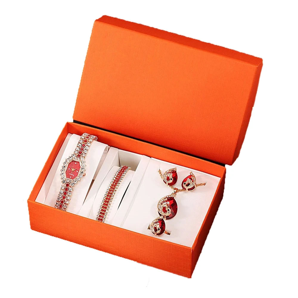 Free Sample Women Diamond Gift Set Quartz Wristwatch Crystal Earrings Ring Bracelet Jewelry Exquisite Watches 1