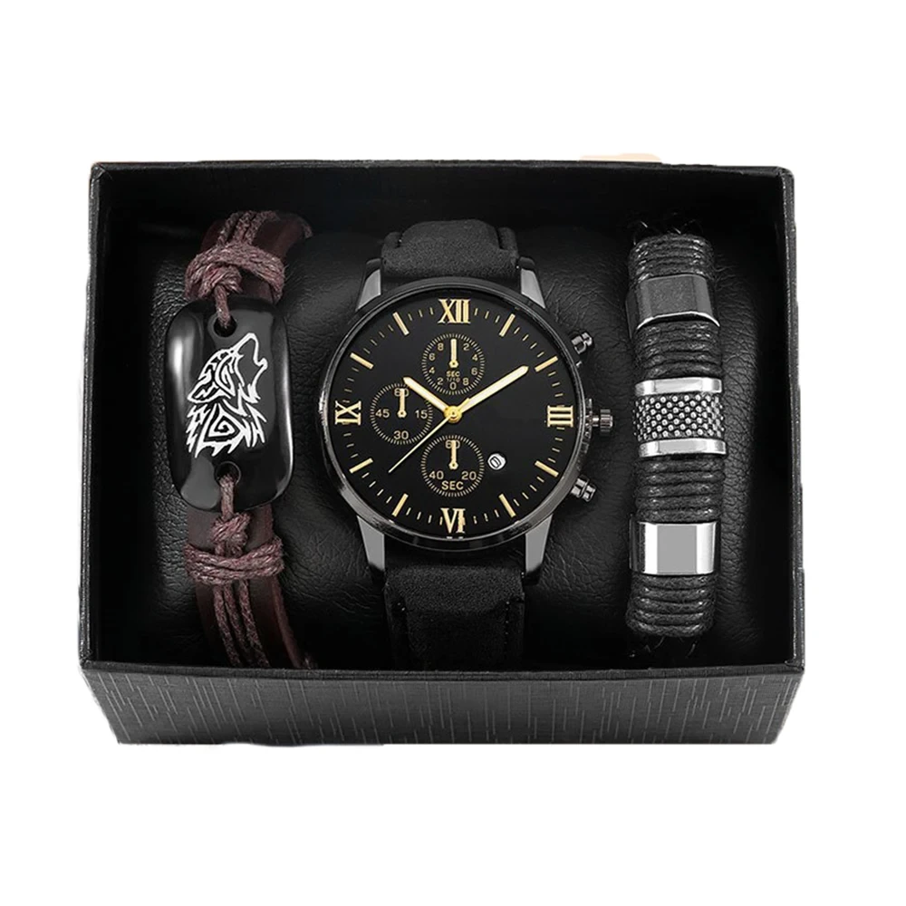 Free Sample Men Business Casual Wristwatch Quartz Calendar Date Leather Bracelet Male Gift Watches Set 1