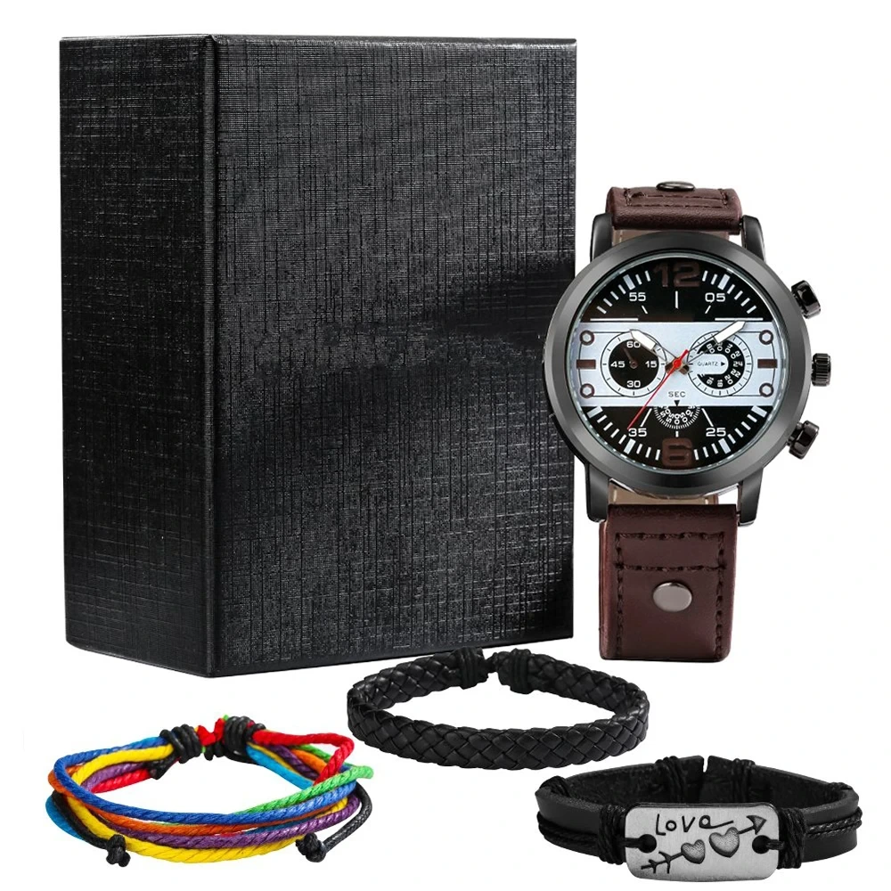 Amostra grátis masculina casual arco-íris corda pulseira conjunto de relógios negócios relógio de pulso de couro de quartzo de aço inoxidável 1