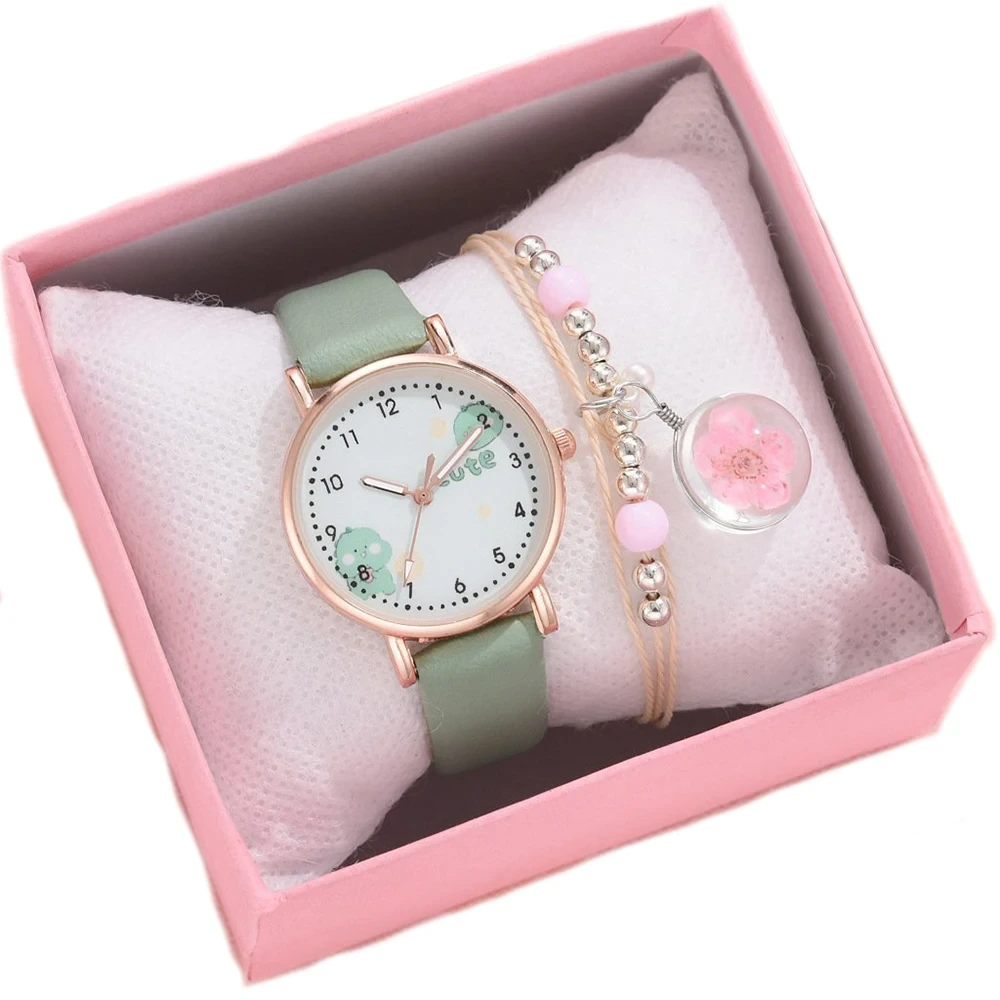 Échantillon gratuit montre pour enfants ensemble étudiant mode bracelet en cuir montres fleurs cadran fille enfants dessin animé Quartz cadeau montre 1